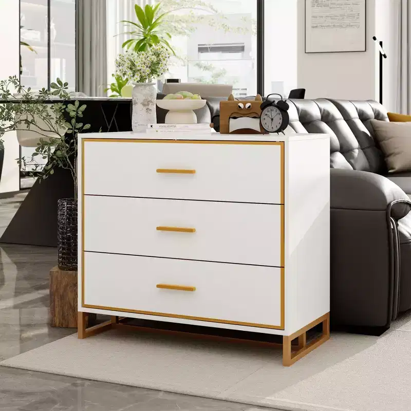 3-Drawer Modern Nightstand with Open Metal Frame, Black & Gold Finish, 28.7