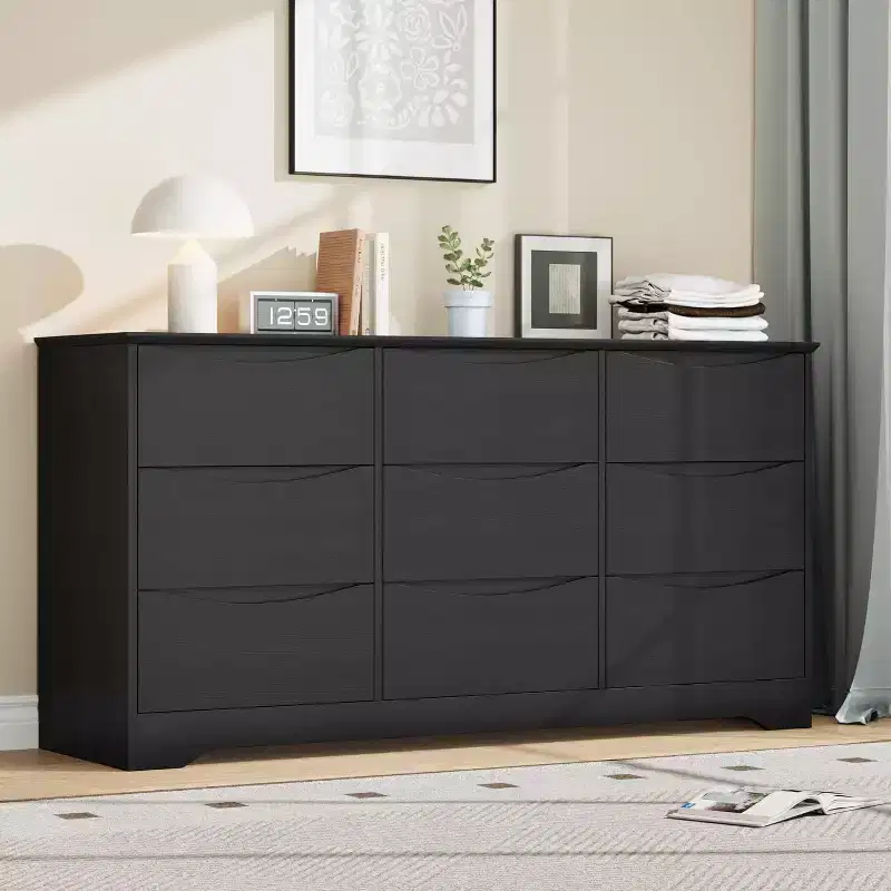 Wooden Dresser with 9 Drawers, Tall Closet with Deep Storage, Large Chest of Drawers with Wide Top, Long Storage Dresser for Bedroom, Living Room
