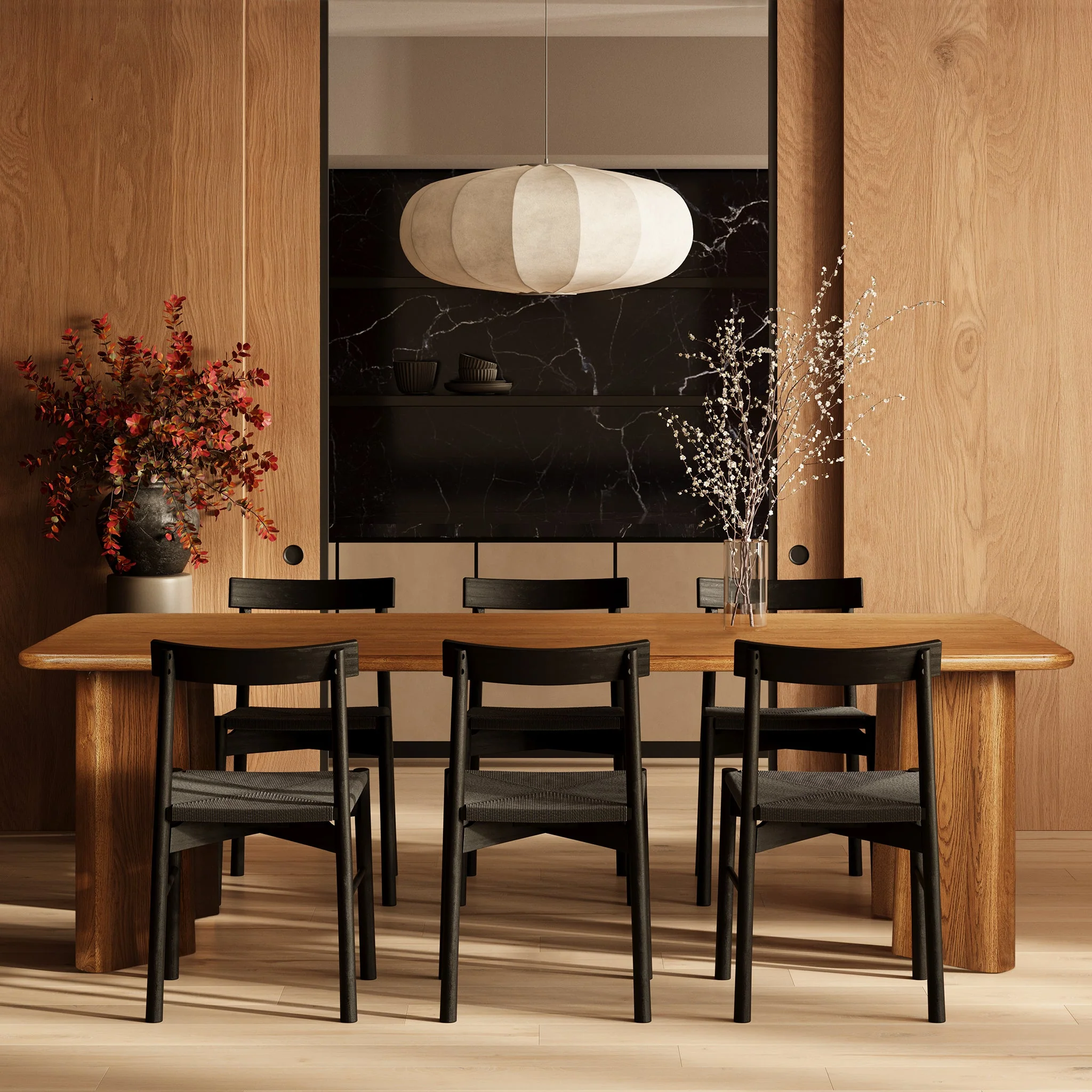 Mid-Century Modern Pitch Black Dining Chair with Solid Oak Frame