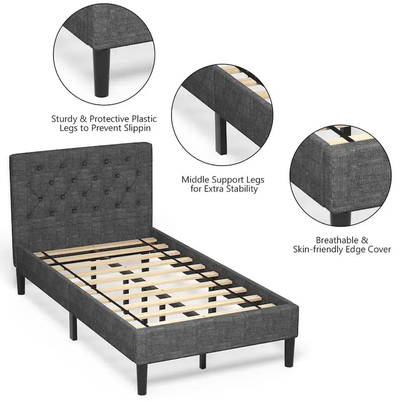 Twin Upholstered Bed Frame Diamond Stitched Headboard Wood