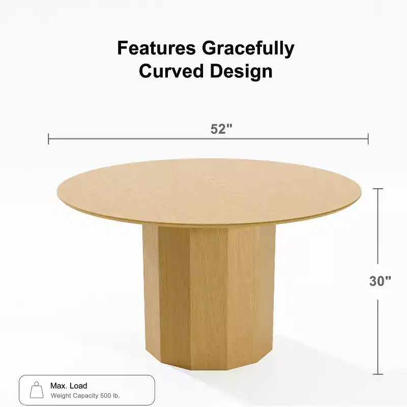 Mid-Century Round Dining Table – Solid Rubberwood, Seats 6, Natural Oak Finish
