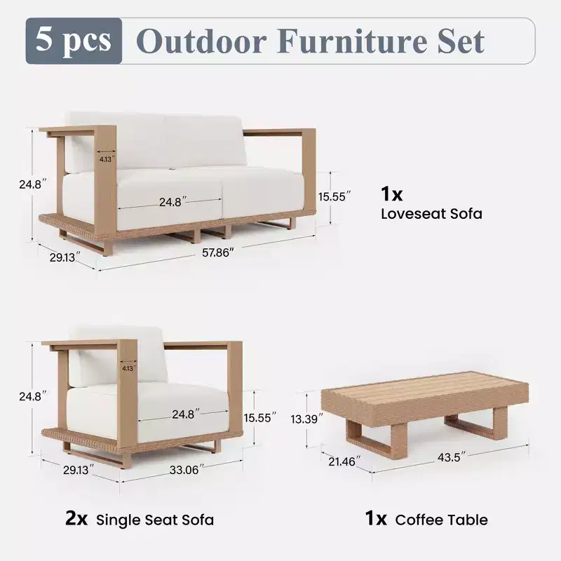 Captiva Designs Outdoor Patio Rattan Woodgrain HDPE Sectional Sofa Conversation Set with Thick Cushions