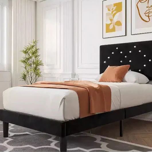 Bed Frames with Button Tufted Headboard, Linen Upholstered Platform Bed with Wooden Slats Support, No Box Spring Required
