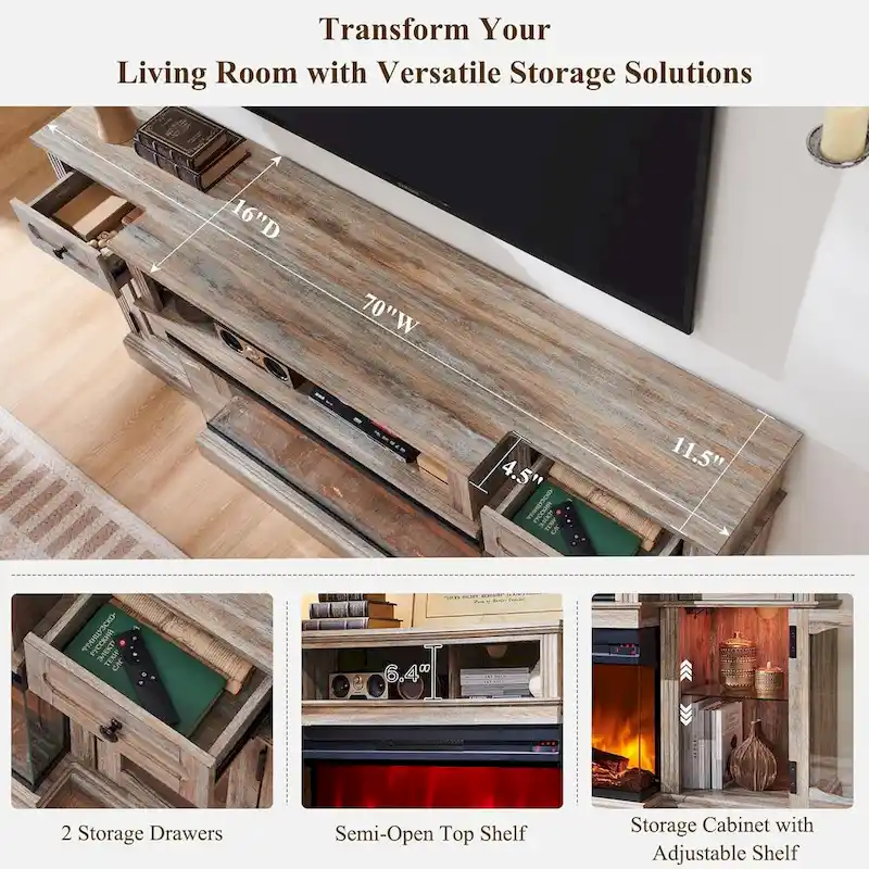 Farmhouse Electric Fireplace TV Stands up to 80, Entertainment Center