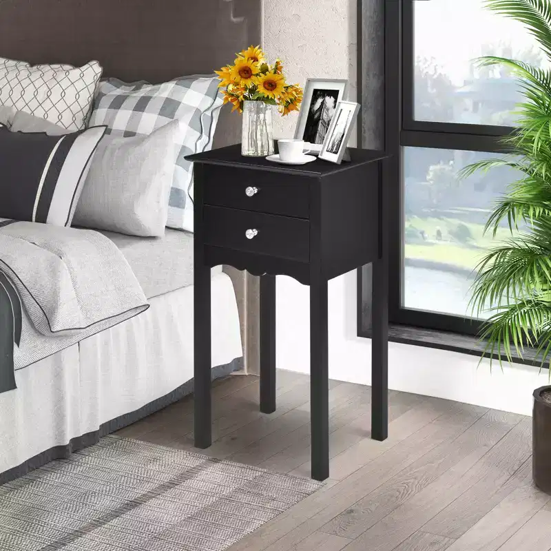 Black High-Gloss MDF Side Table with 2 Drawers - 30