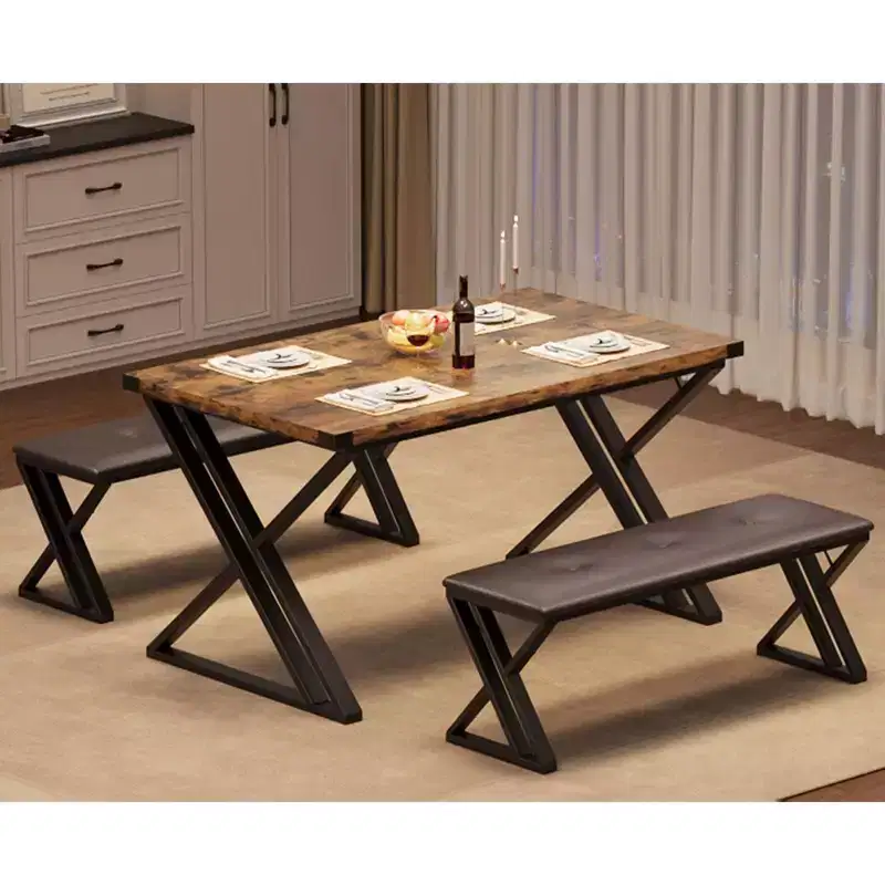 Dining Table with 2 Benches, Kitchen Table Set for 4, Modern Breakfast Dinette with Upholstered Bench, Dining Table Set, Table 43.3 Inches Long