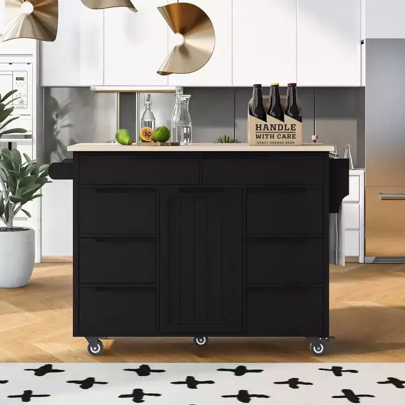 Whisen Modern Kitchen Island with 8 Handle-Free Drawers and 5 Wheels