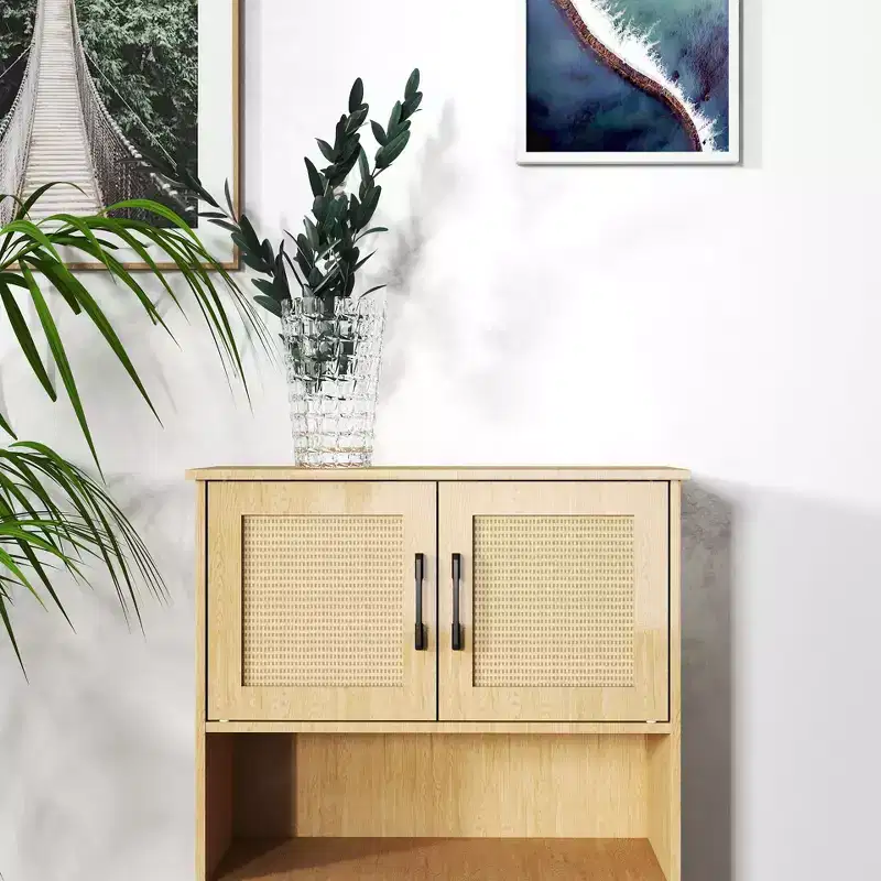 Four-Door Storage Cabinet with Woven Rattan Design, Adjustable Shelves, and Versatile Style for Living and Dining Rooms