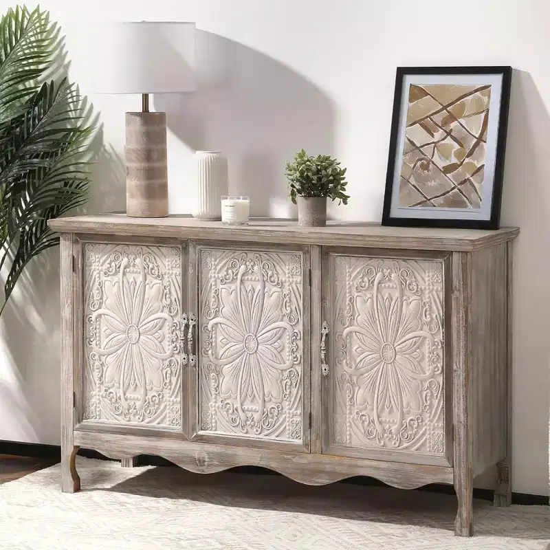 RoyalCraft Farmhouse Sideboard Buffet Cabinet Solid Wood Credenza, 3 Door Storage Console Table for Dining Room Kitchen Entryway, 49 Inch, Wash Gray