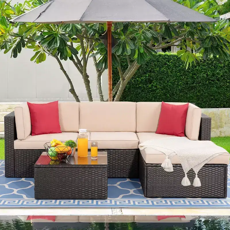 Celebalcony 5 Piece Patio Conversation Set All Weather Wicker Rattan Patio Sofa Outdoor Sectional Seating Group With Cushions