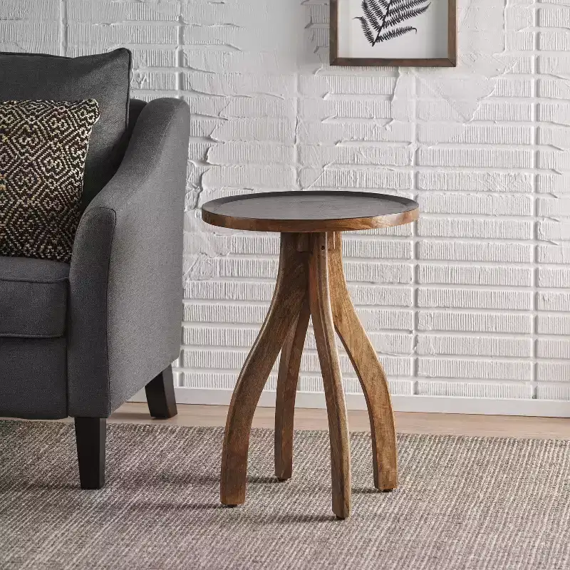 Vintage Side Table with Arched 4 Legs, End Table with Groove Design Wooden Tabletop, Accent Table for Sofa Side, Table Side, Wood