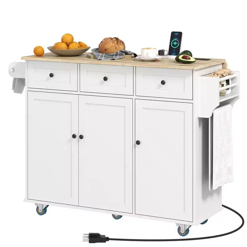 Rolling Kitchen Island with Charging Station, Drop Leaf & 3 Drawers