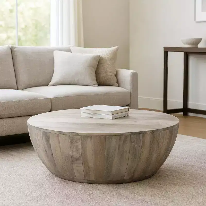 Royal Hampton 35.5 Inch Round Mango Wood Coffee Table, Subtle Grains, Distressed White