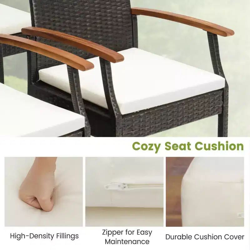 Costway Patio PE Wicker Chairs Acacia Wood Armrests with Soft Zippered Cushion Balcony