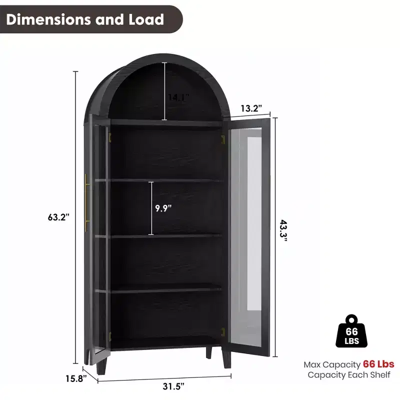 63.2 Arched Kitchen Pantry Cabinet, 5 Tier Display Shelf with Adjustable Shelf and 2 Large Glass Doors, for Kitchen, Dining Room, Living Room