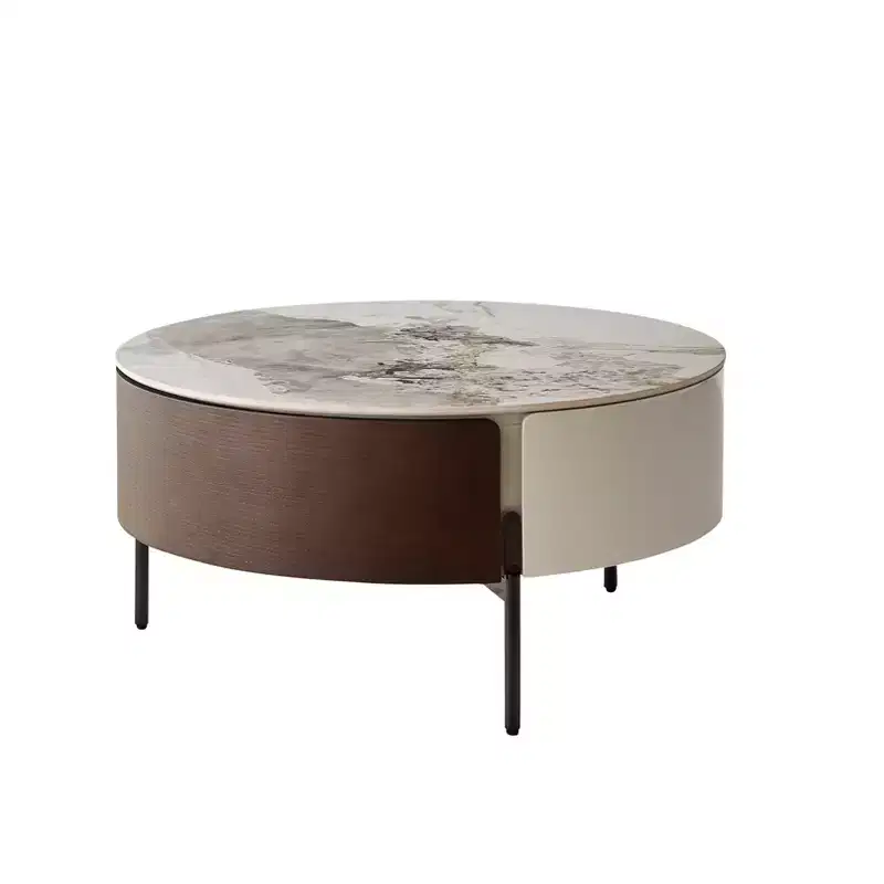 Smoked Wood Round Coffee Table with Drawers, Sintered Stone Top & Metal Legs