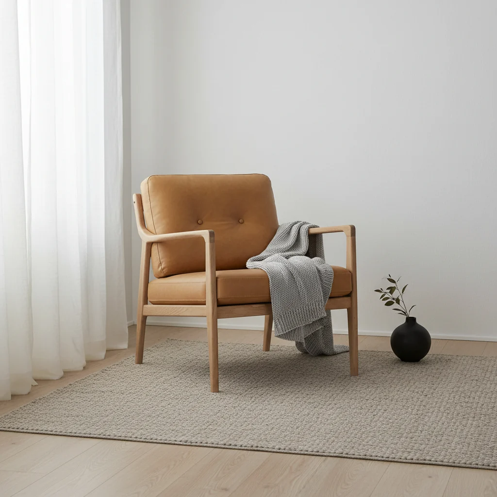 Mid-Century Solid Oak & Leather Lounge Chair with Button-Tufted Back for Living Room or Study