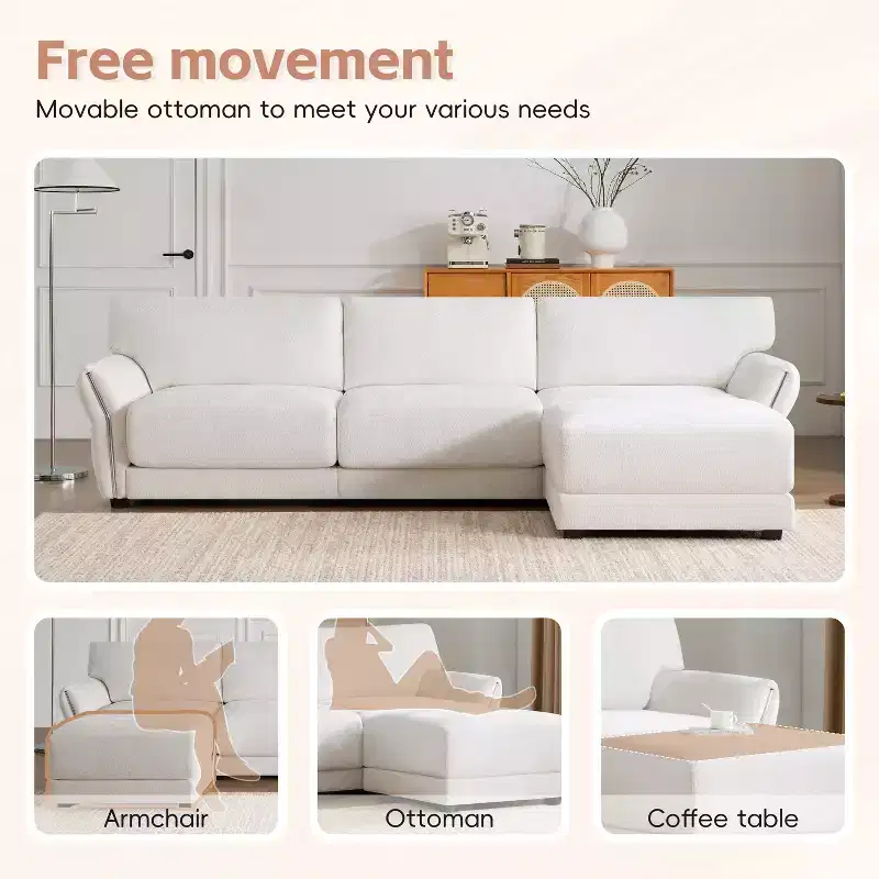L-Shaped Sectional Sofa Set with Ottoman, 3-Seat Chenille Couch with Extra-Wide Seat and USB, 110