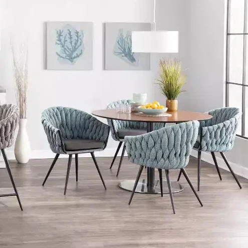 Contemporary Braided Fabric Accent Chair with Black Metal Legs