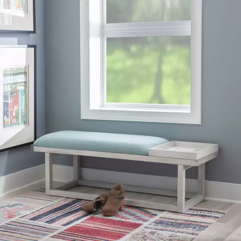 Modern Storage Upholstered Bench with Tray, White Wash & Teal