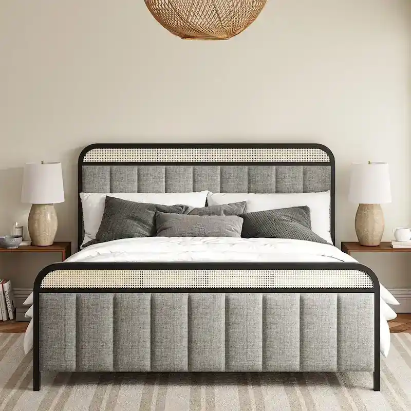 Alphons Modern Solid Wood Frame Ratten Bed with LED Headboard by HULALA HOME