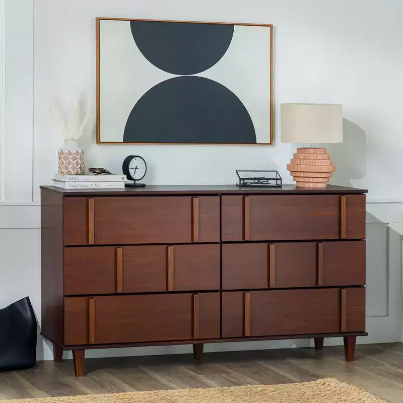 Modern Vertical Accent Solid Wood 6-Drawer Double Dresser, Walnut