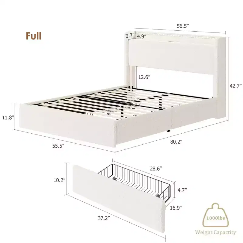 Whizmax Boucle Bed Frame - LED Headboard & Charging Station, 4 Storage Drawers, Platform with Wood Slats, No Box Spring, Cream