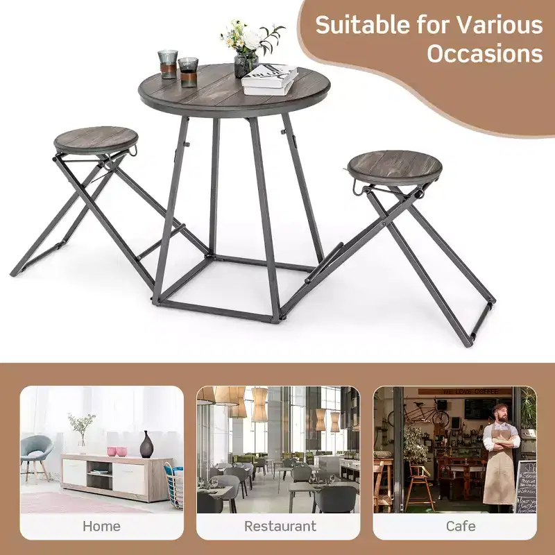 Costway 3-Piece Bar Table Set Round Pub Dining Table & 2 Foldable Stools w/ Metal Frame