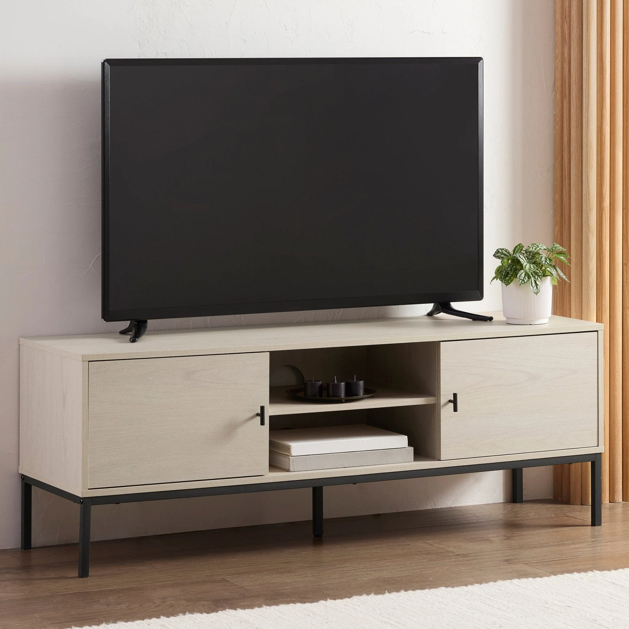 Scandi Light Wood TV Unit with Open Shelving for TVs up to 60 Inch for Living Room