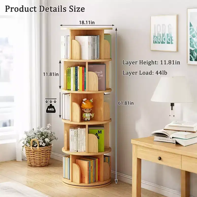 5 Tier Rotating Bookshelf, 360 Display Round Spinning Bookshelf, Double-Layer Base Design Space-Saving Rotating Bookshelf Tower