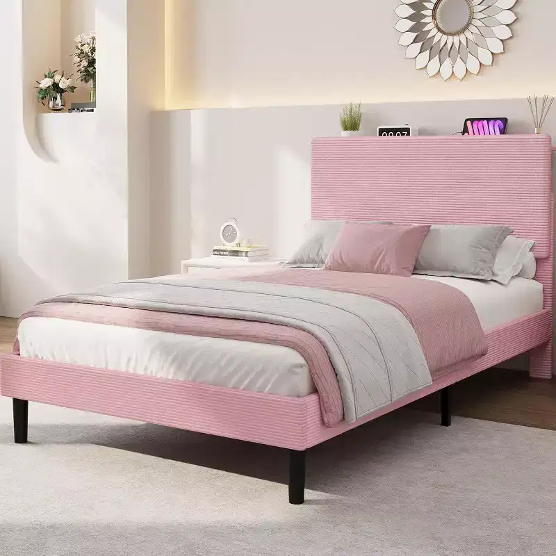 DobleePy Twin Size Pink Upholstered Platform Bed Frame with Storage Headboard & Charging Station, Corduroy, Noise-Free, No Box Spring Needed