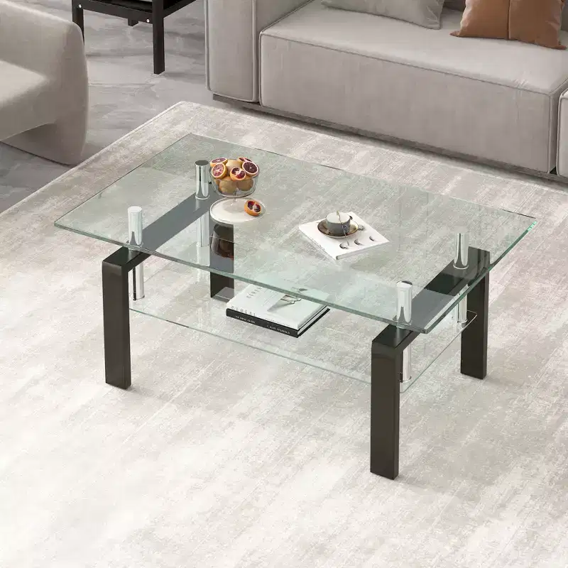 Tempered Clear Glass Coffee Table, 2-Tier Modern Center Table for Living Room