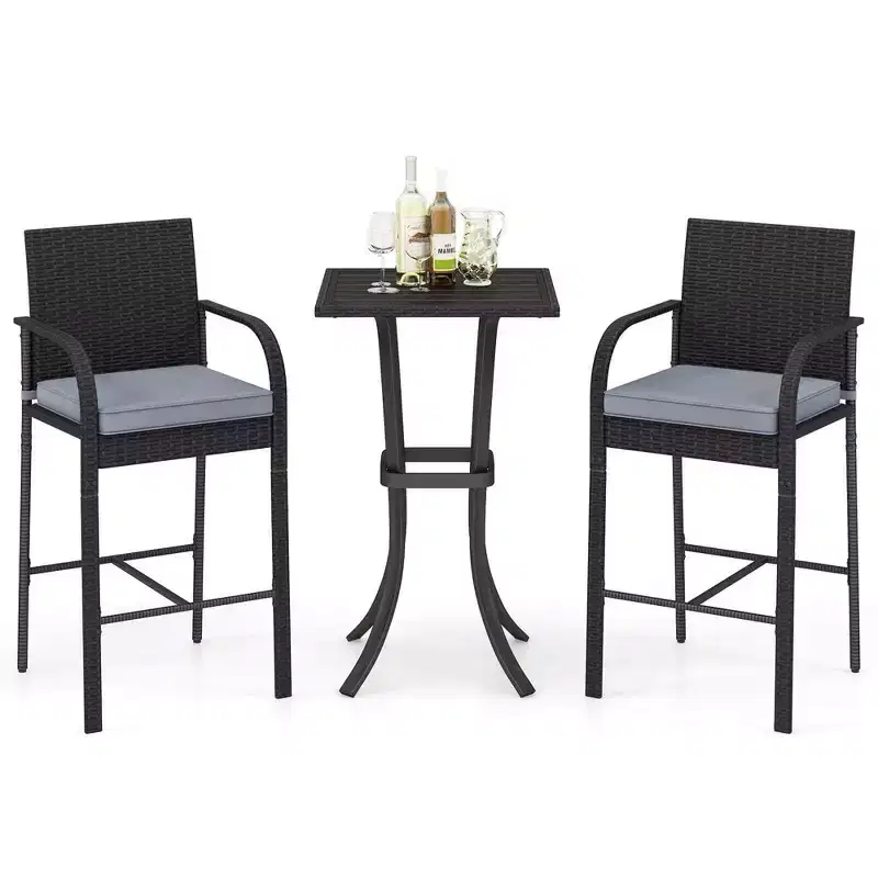 Costway 3 PCS Patio Wicker Bar Set Rattan Chairs & Square Table with Heavy-Duty Metal Frame