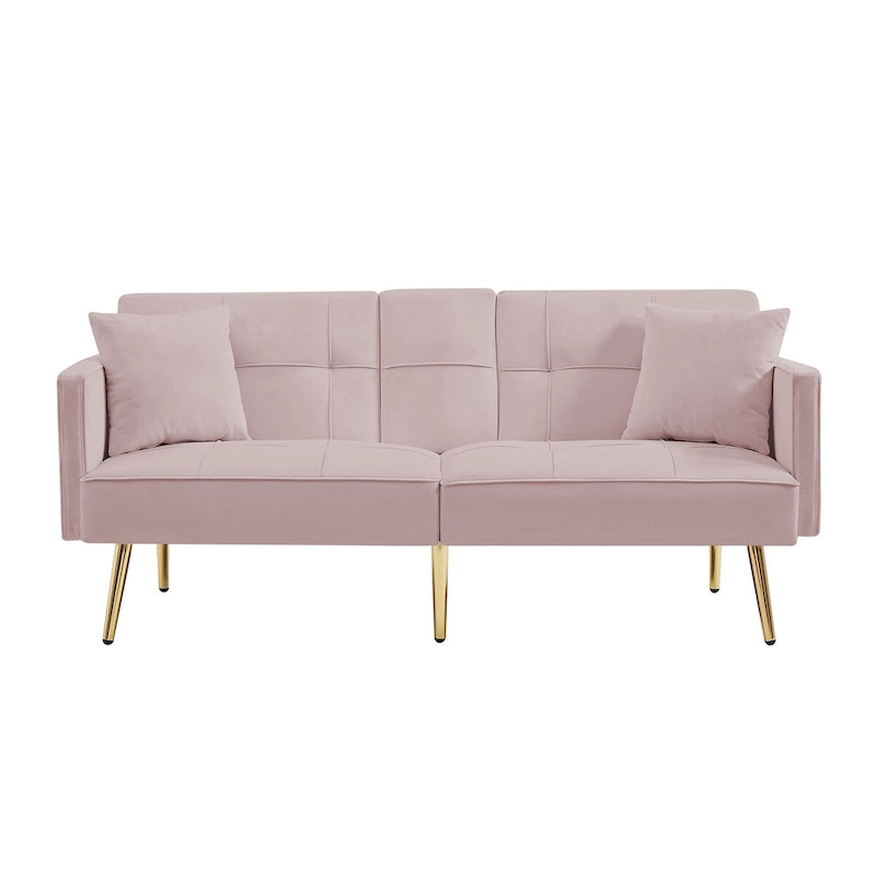 Pink Velvet Sofa Bed, Converts, Adjustable Positions, Central Armrest