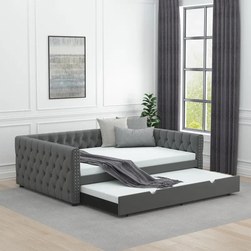 Grey Full Size Velvet Upholstered Daybed with Button and Copper Nails