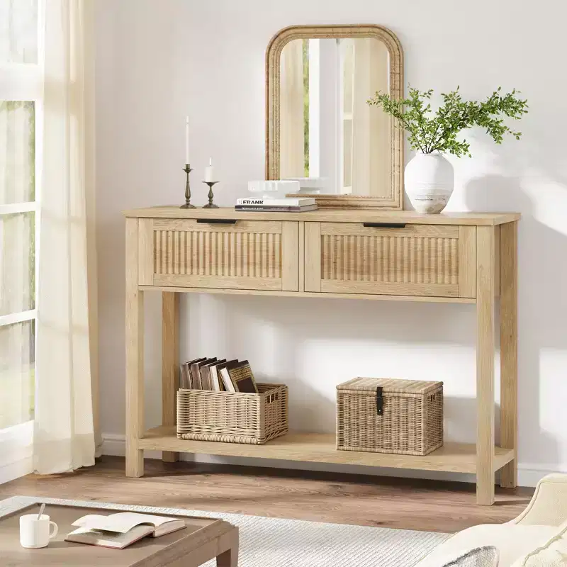 TROPOW Fluted Entryway Table with 2 Drawers, Console Table for Entryway, Wooden Sofa Table for Living Room, Foyer, Hallway-Burlywood