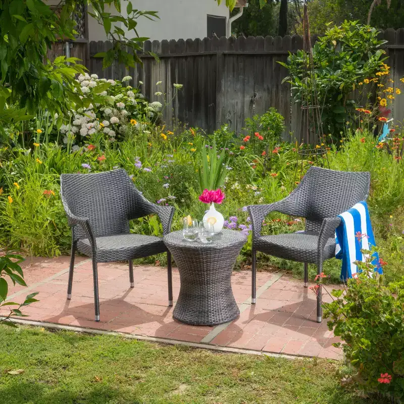 GDFStudio Brannt Outdoor Wicker 3 Piece Stacking Chair Chat Set
