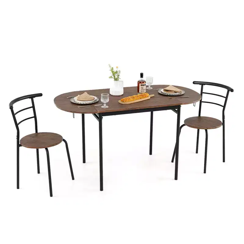 Costway 3 Pcs Foldable Dining Table Set w/ 2 Chairs Industrial Oval Corner Dining Set