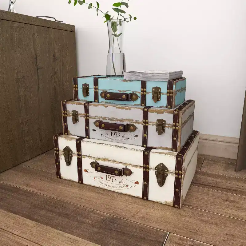 Set of 3 Farmhouse Distressed Wood Rectangular Trunks Natural - Olivia & May: Polyurethane Finish, No Assembly Required