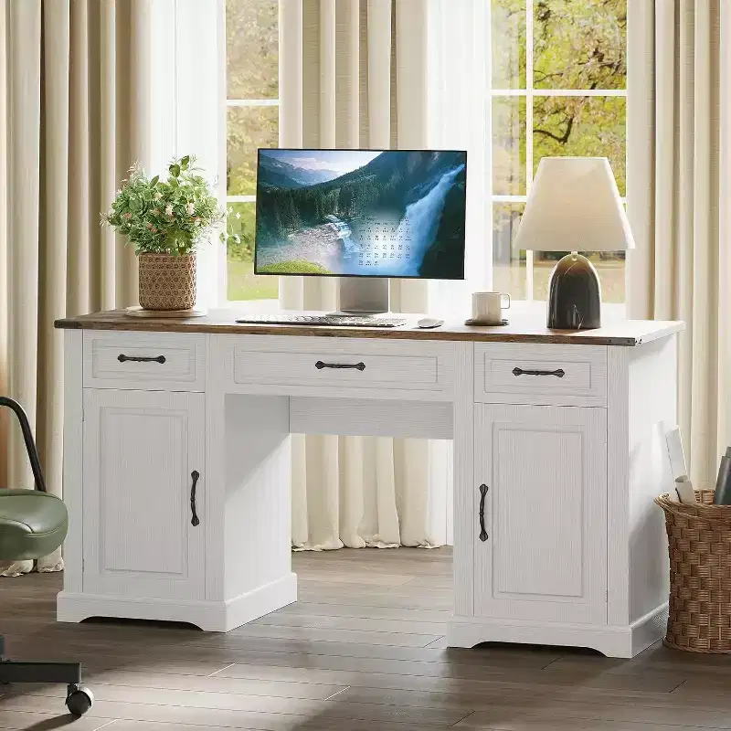 Acekool 60 Executive Farmhouse Desk with Drawers and Storage Cabinets, Rustic Wood Computer Desk for Home Office and Study, Antique White