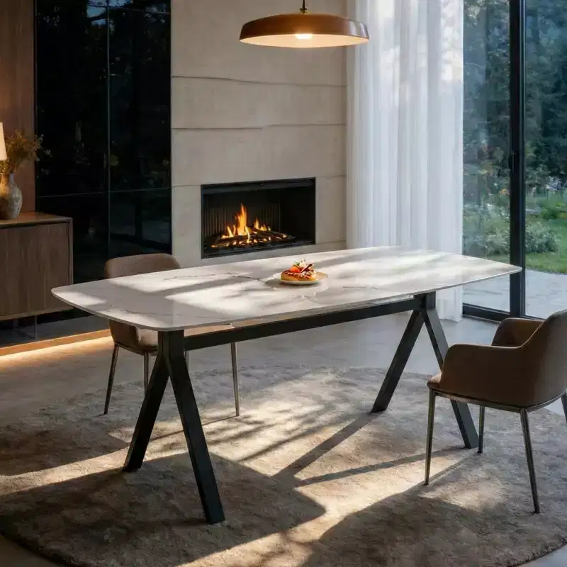 GDFStudio Daniela Modern Tempered Glass Rectangular Dining Table with Marble Design and Metal Legs