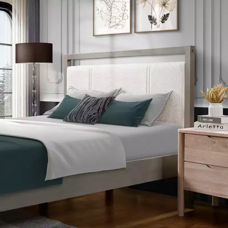 Queen/King Size Platform Bed Frame with Ivory Boucle Fabric Headboard, Gray-Christopher Knight Home