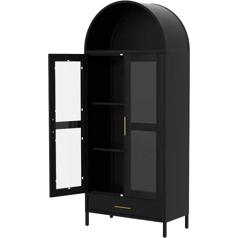 73 Tall Arched Metal Storage Cabinet with Glass Doors & Drawer, Freestanding Modern Pantry Cabinet with Adjustable Shelves, Accent Bookshelf
