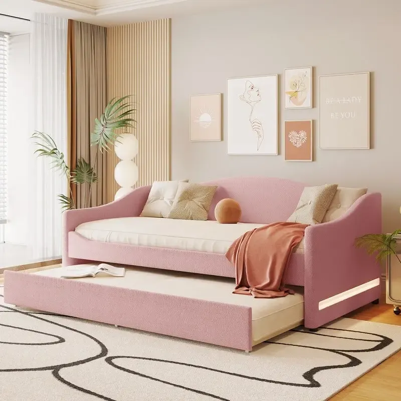 Teddy Fleece Twin Size Upholstered Daybed with Light,Trundle