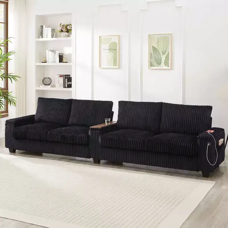 4 Seater Corduroy Sofa Couch 133 Modern Sofa with Ports Hidden Storage Arms Flip Top Cup Holders for Living Room Black