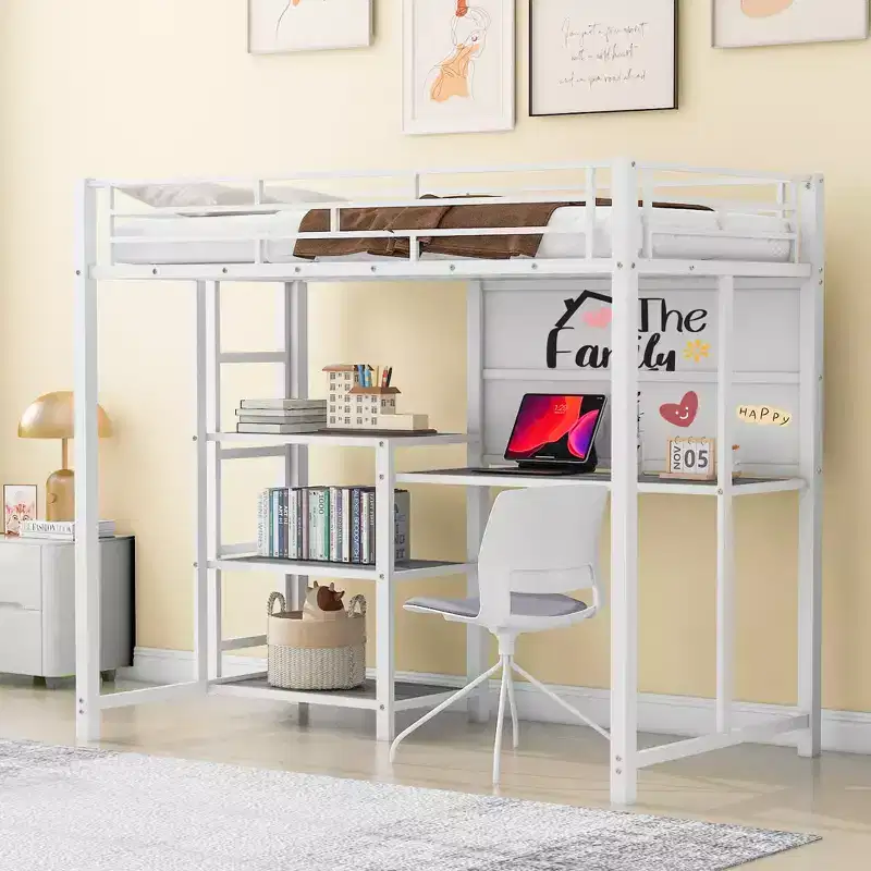 Full/Twin Size Loft Bed with Desk and Whiteboard, Metal Bed with 3 Shelves and Ladder - ModernLuxe