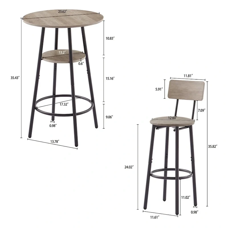 Grondin Industrial Style 3-Piece Round Bistro Pub Table Set with 2 PU Leather Bar Stools and Shelf, Counter Height Bar Table Set