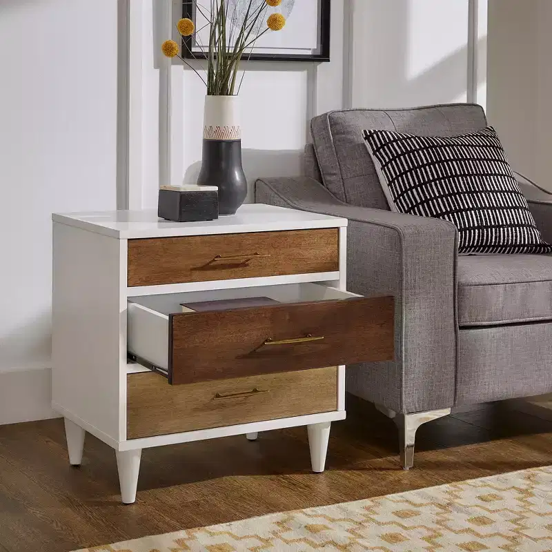 White 3-Drawer Nightstand, Mid-Century Modern