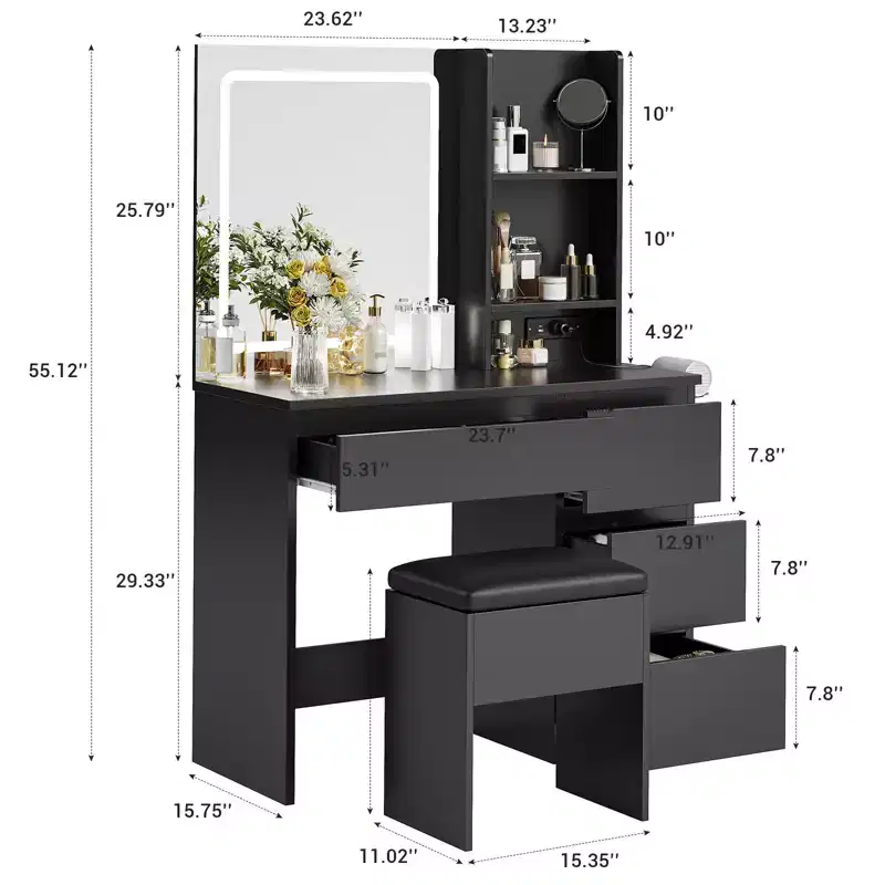 Makeup Vanity Desk, Dressing Table Set with 4 Drawers, Storage Stool, Storage Shelves, Vanity Mirror 3 Color Adjustable, Vanity Set for Bedroom