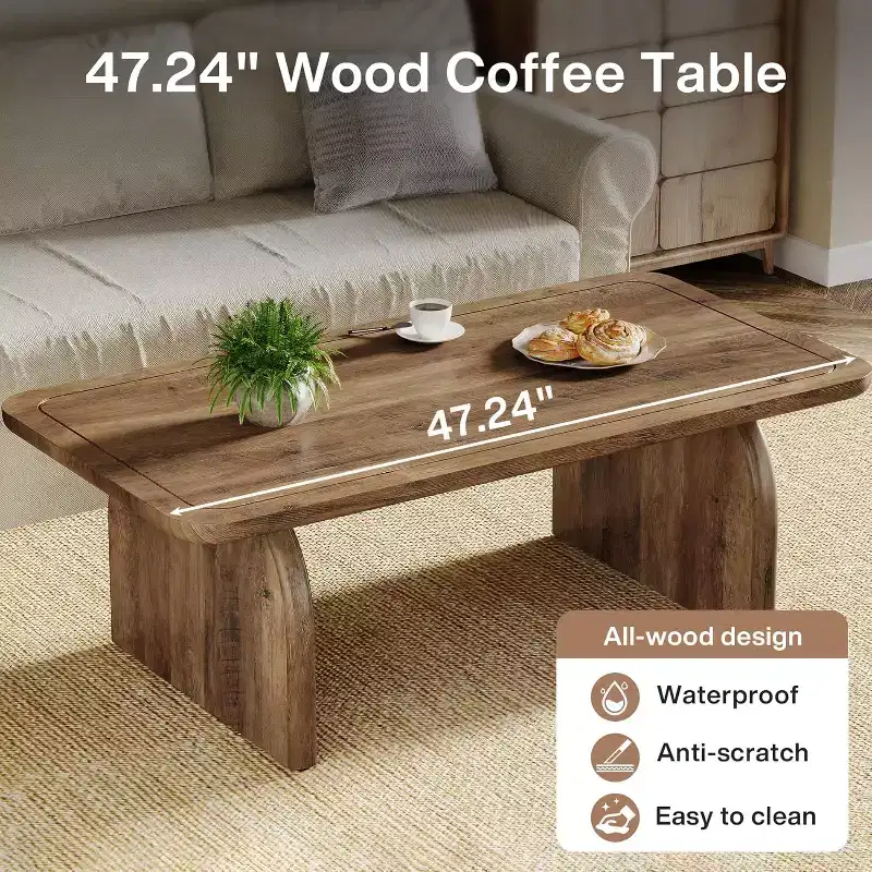 47-Inch Wood Farmhouse Rectangle Coffee Table, Low Cocktail Tea Table, Easy Assembly